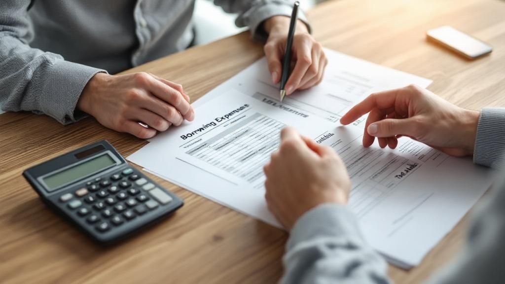 Two people reviewing and discussing a borrowing expenses document with a calculator on the table.