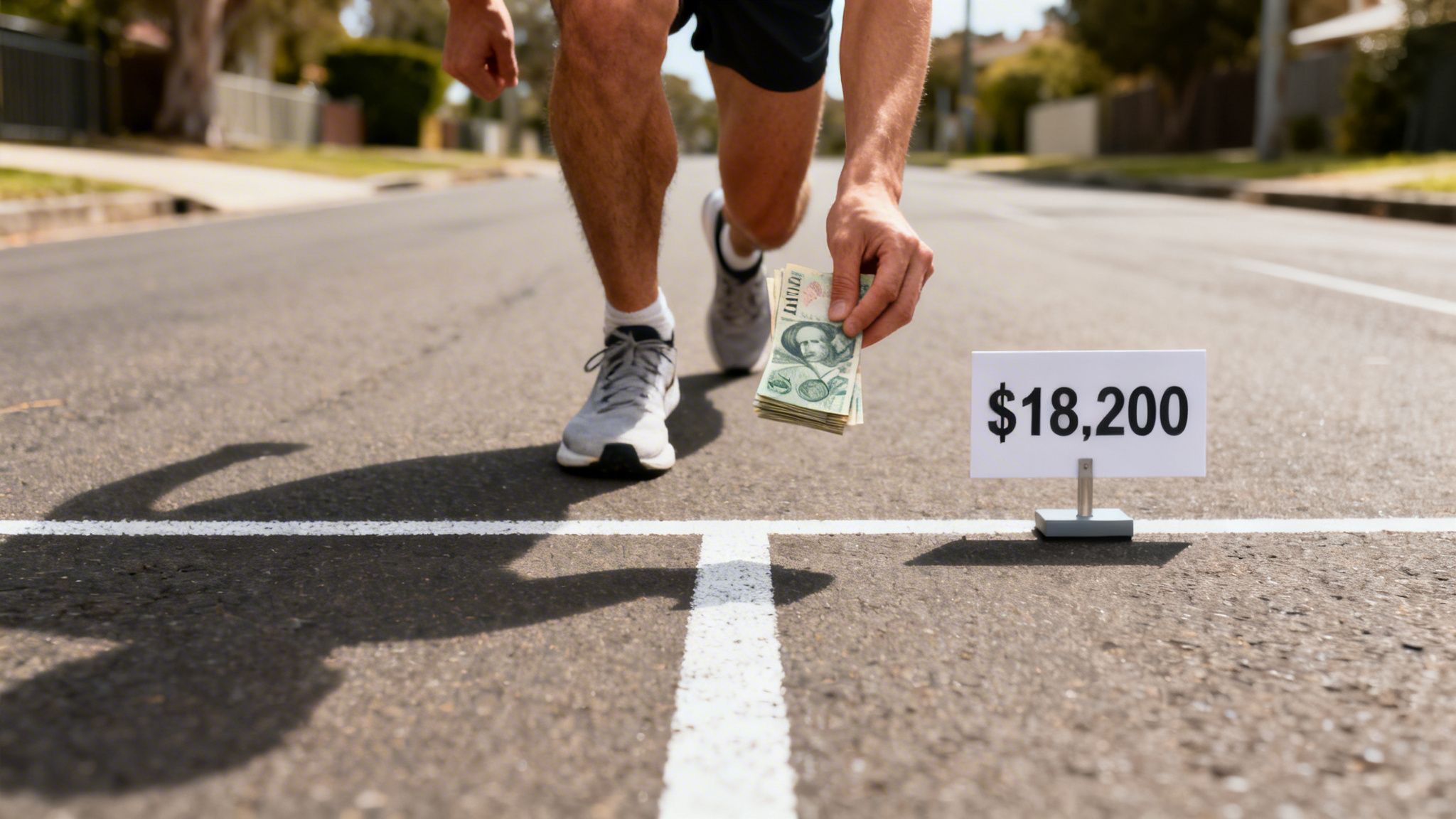 A person in running gear holds money at a starting line with a sign showing $18,200.