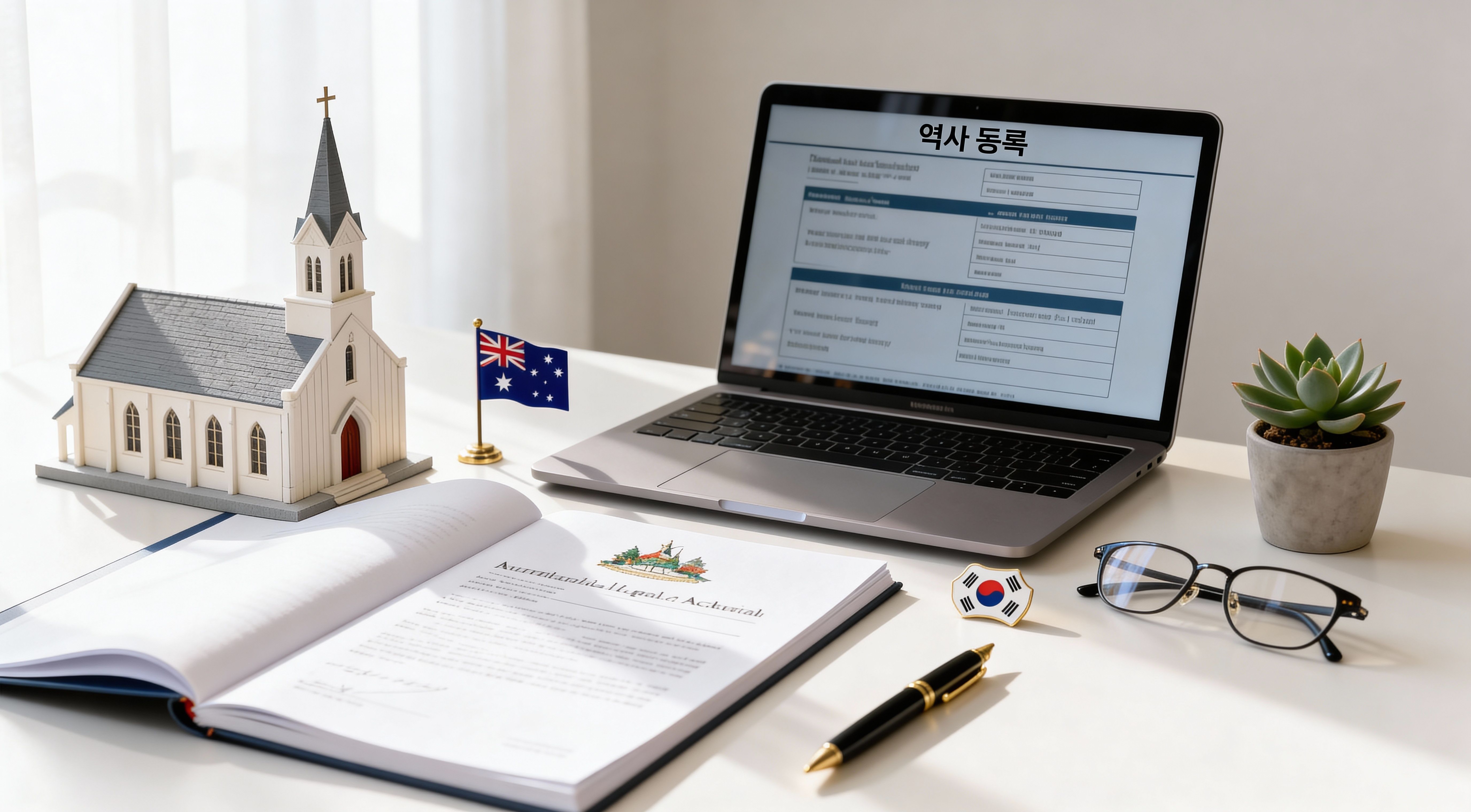 호주 교회 설립 절차를 설명하는 문서와 서류 준비 장면으로, church setup process in Australia 가이드를 시각적으로 표현한 이미지