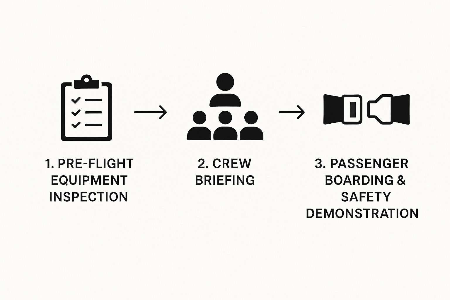 Infographic showing three steps of pre-flight routine: equipment inspection, crew briefing, and passenger safety demonstration.