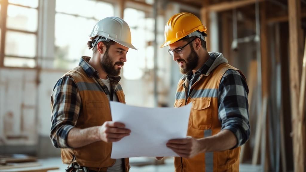 Two construction workers wearing safety vests and helmets reviewing blueprints on site