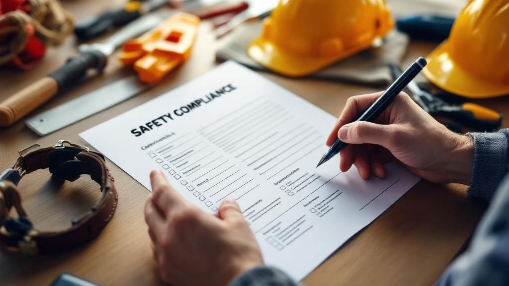 Person filling out a safety compliance checklist on a desk with construction tools and safety helmets