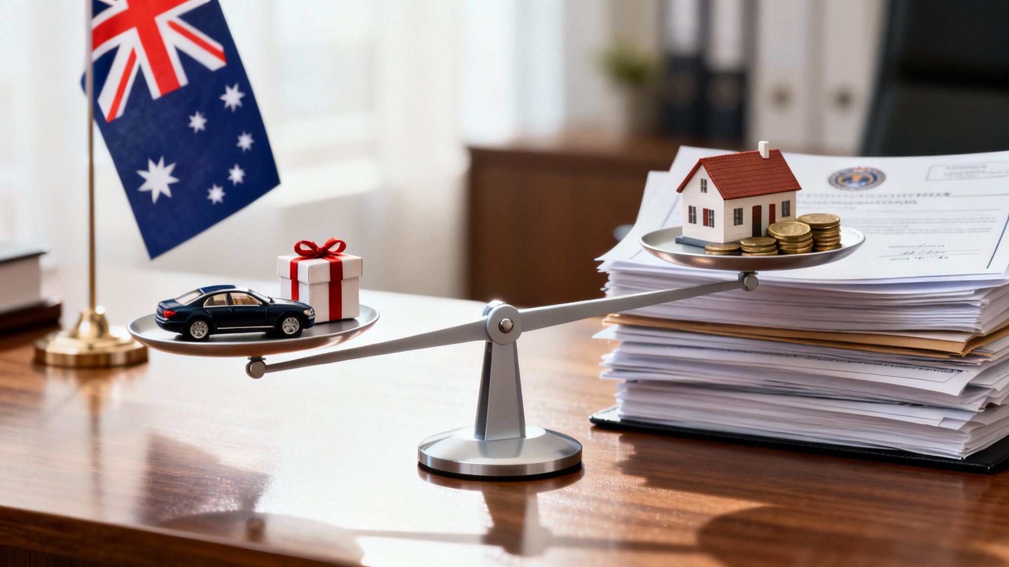 호주 FBT 복리후생세 관련 문서와 사무용품이 놓인 책상 위 풍경으로, 직원 복지 혜택 과세 기준을 설명하는 내용을 시각적으로 나타낸 이미지