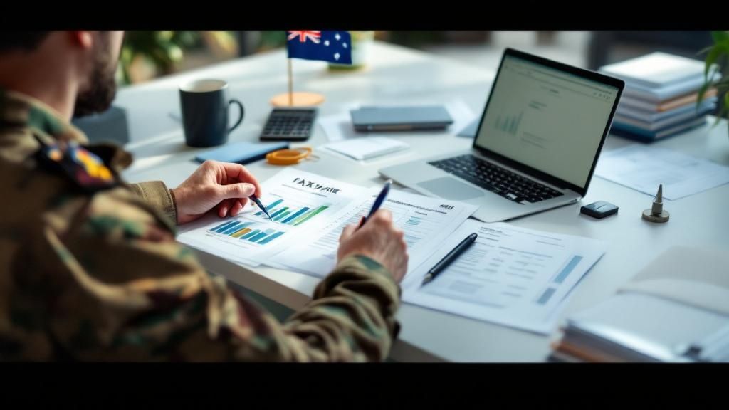 A person in military uniform reviewing financial documents with a laptop and graphs