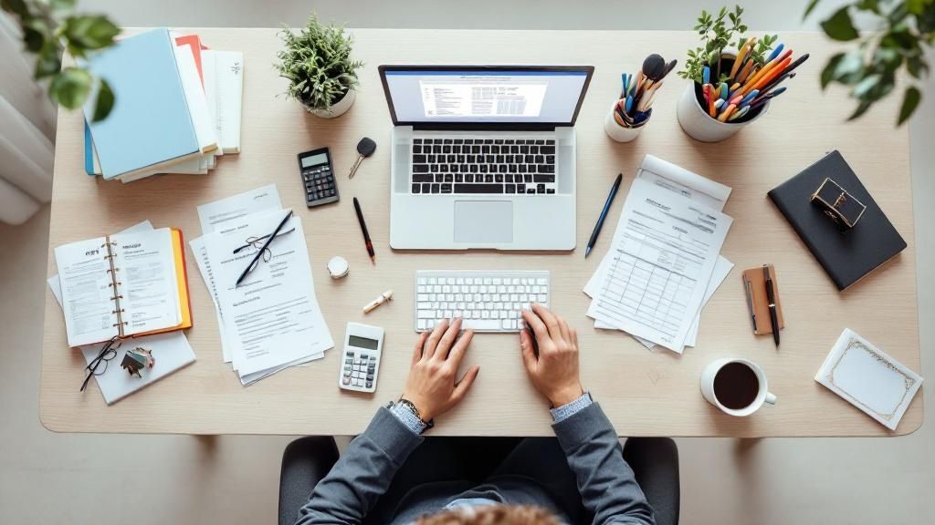 Top view of a workspace with a laptop, documents, coffee, and hands typing on a keyboard