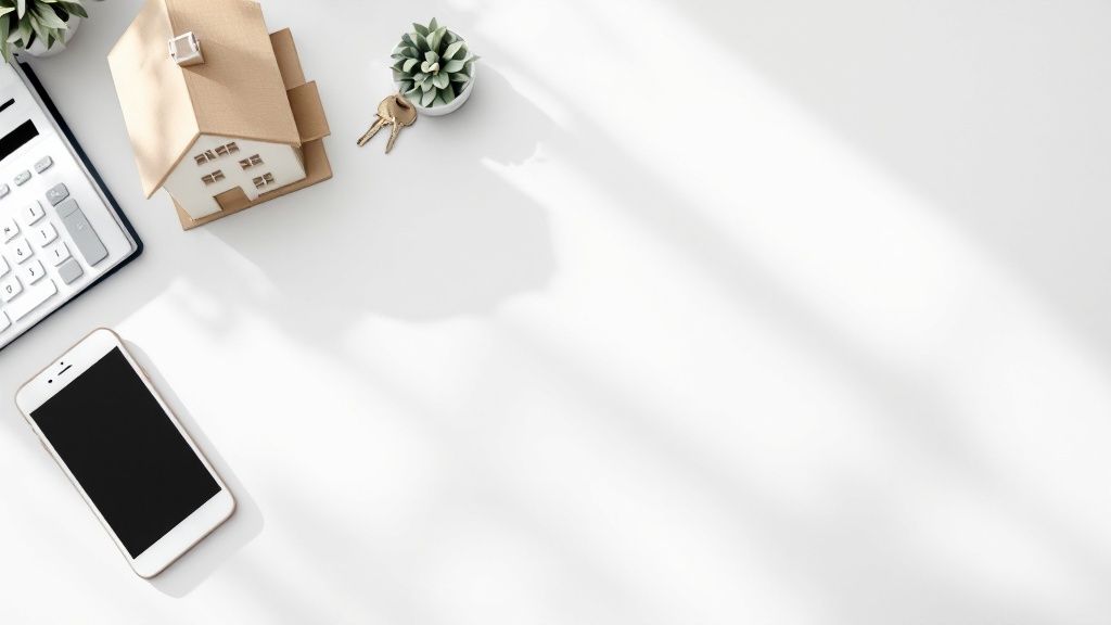 Flat lay of a smartphone, notebook, and shopping bag on a white desk with shadows