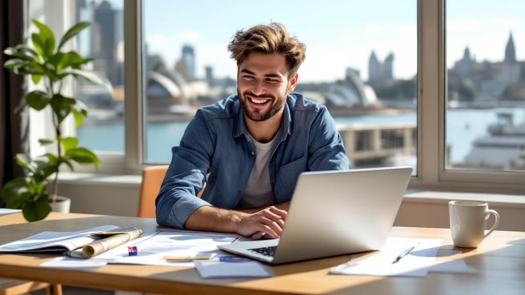 Smiling man working on tax documents with laptop at bright modern office