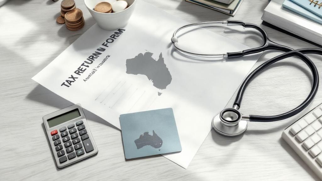 Medical tax documents with a calculator, stethoscope, and Australian map