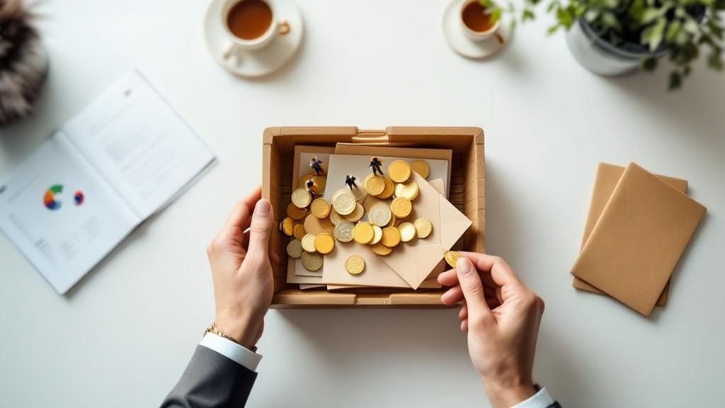 Top-down view of a person holding a wooden tray with golden piggy banks, symbolising asset protection and trust-based wealth planning.