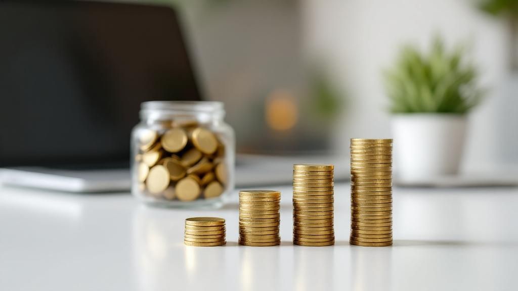 Stacked coins and a savings jar on a desk, symbolizing superannuation or retirement savings in Australia.