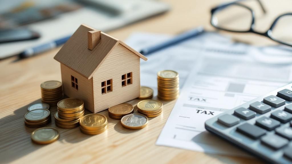 "Miniature house surrounded by stacked coins on a desk with tax documents and a calculator, representing property tax planning and financial management."