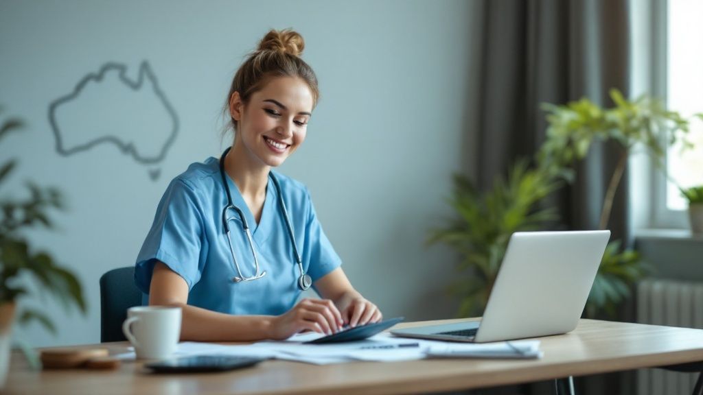 Smiling nurse working on a laptop at home with a coffee mug beside her