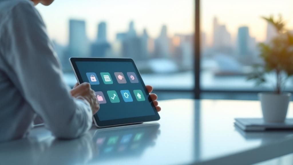 Person holding a tablet with financial charts displayed, overlooking a city skyline through a window