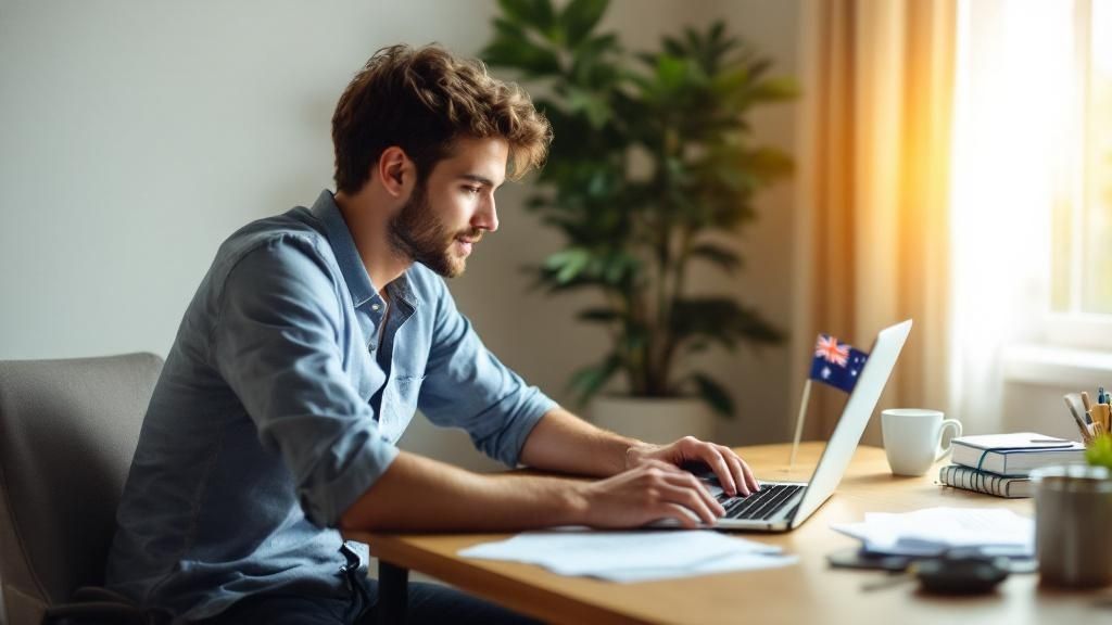 A man working on a laptop at a home desk with a notebook and coffee