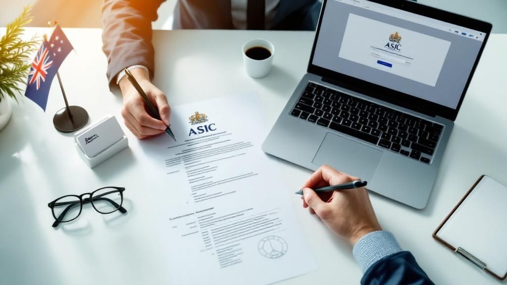 A person reviewing ASIC company registration documents at a desk with a laptop, coffee, and glasses.