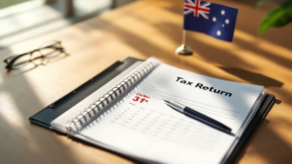 A notebook labeled "Tax Return" on a desk with a pen and glasses.