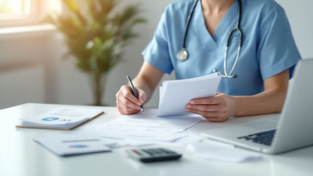 A nurse in blue scrubs working at a desk with a stethoscope and tax documents.