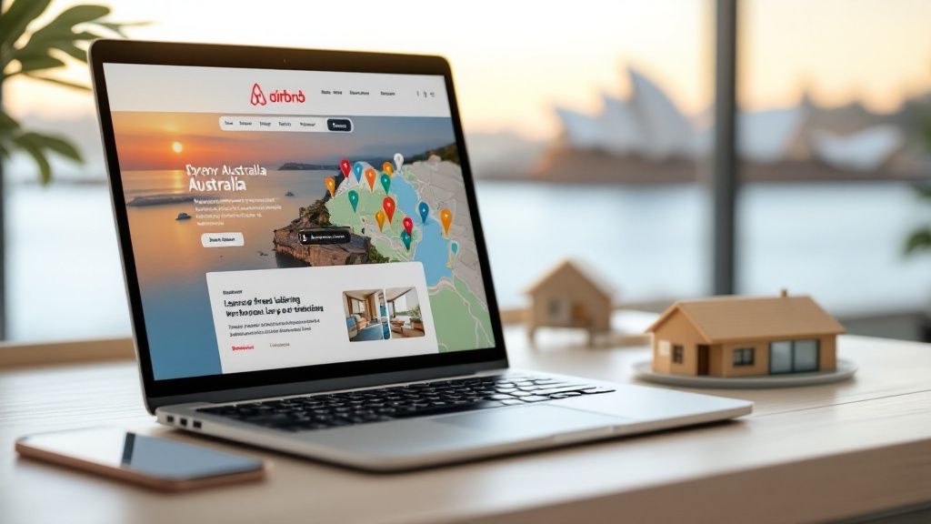Laptop screen showing Airbnb-related website with a miniature wooden house model nearby