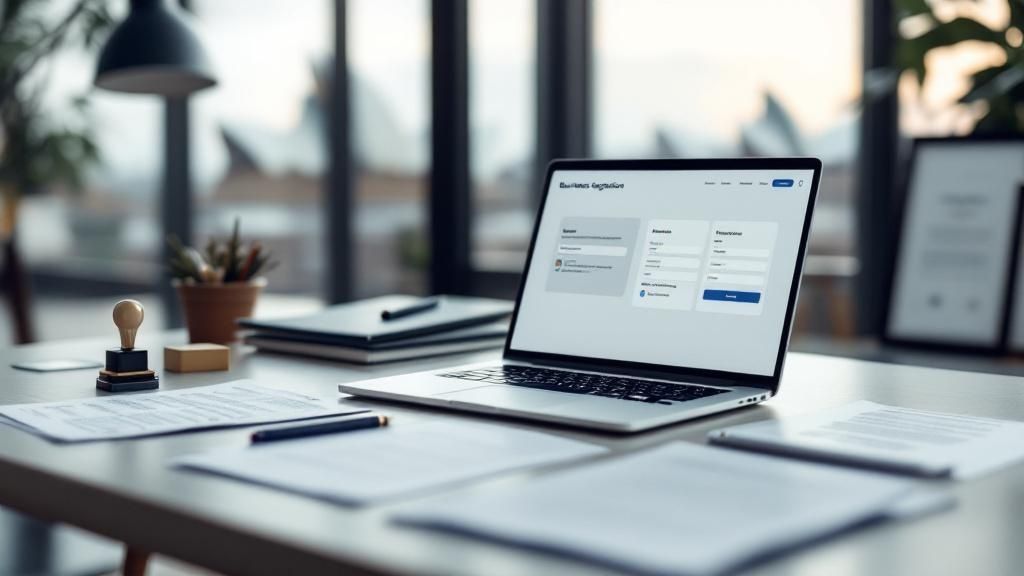 Laptop displaying business registration form on desk with office documents