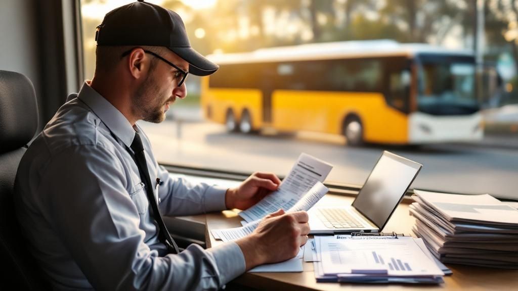A bus driver in uniform reading documents at a desk with a laptop and a bus visible in the background