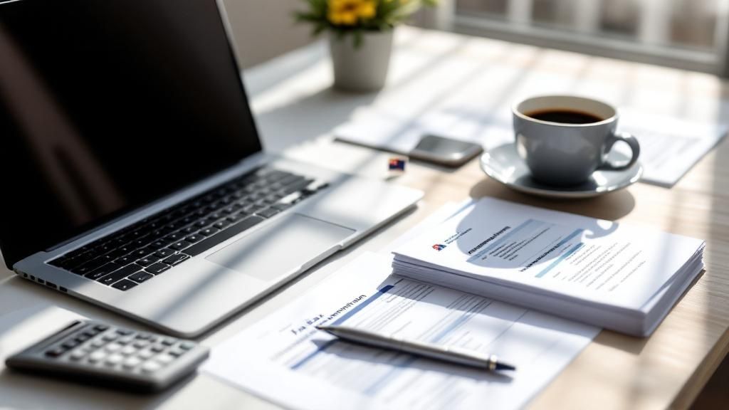 A laptop, a notebook, and a coffee cup on a modern workspace desk