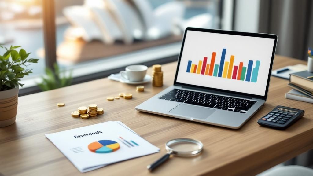 A laptop with a colorful financial chart on the screen, placed on a desk with documents and coffee, symbolizing dividend tax analysis