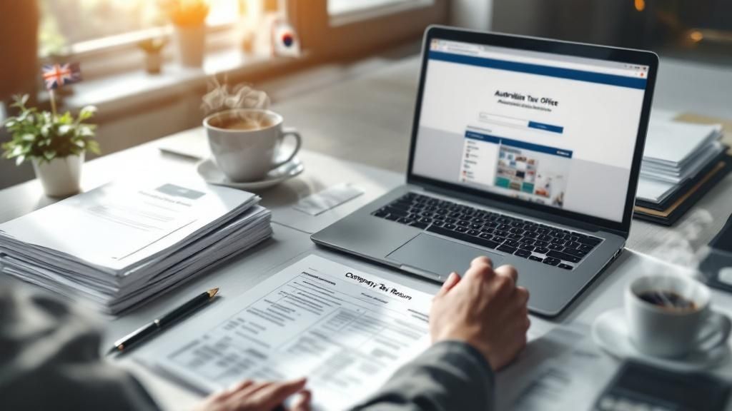 A laptop, Australian Business Number (ABN) document, and tools on a desk representing tax work for tradespeople