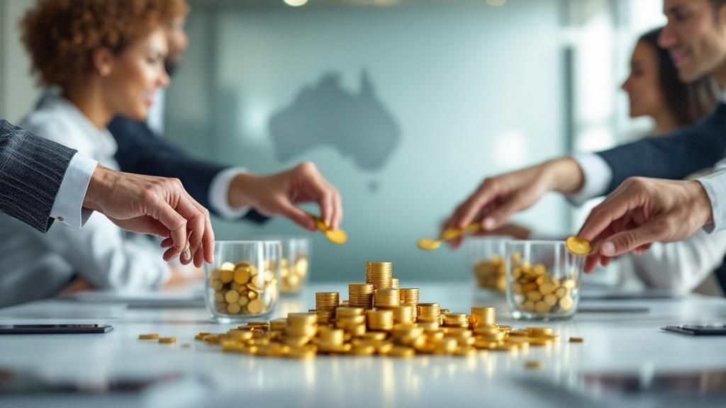 Business professionals stacking gold coins in a meeting room, symbolizing asset distribution and financial planning
