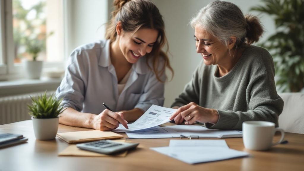 Two women smiling while discussing documents at a table.