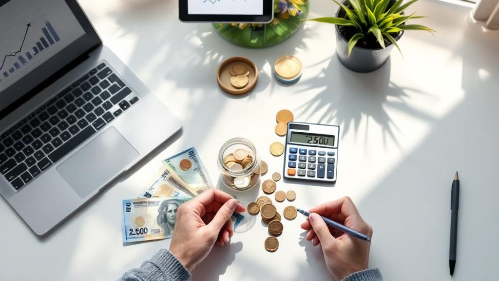 Hands using a calculator surrounded by Australian dollar notes and coins on a desk with a laptop and coffee.