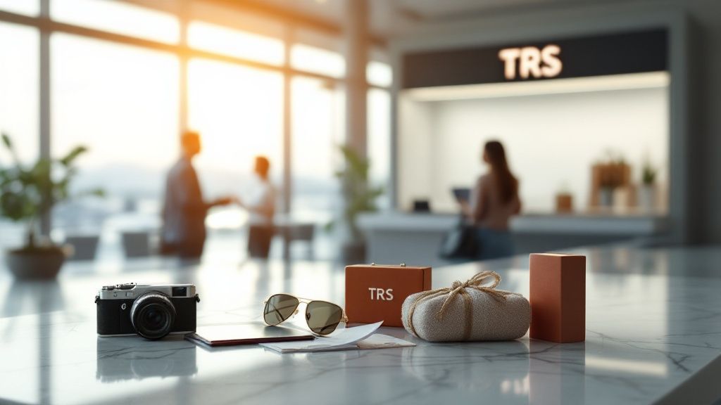 Assorted travel items and camera at an airport duty-free area, representing TRS refund
