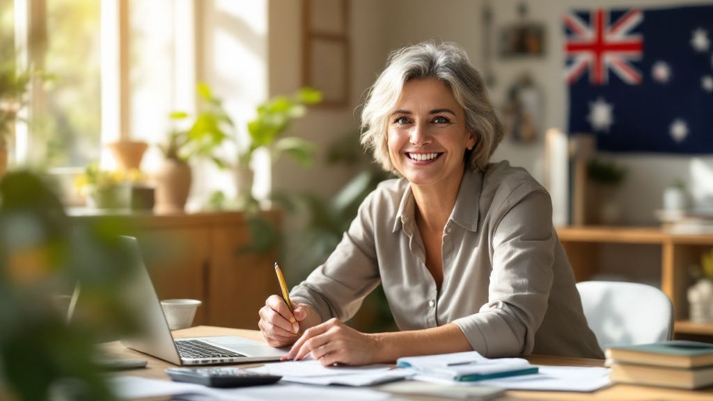 Smiling mature teacher using a laptop in a bright home office