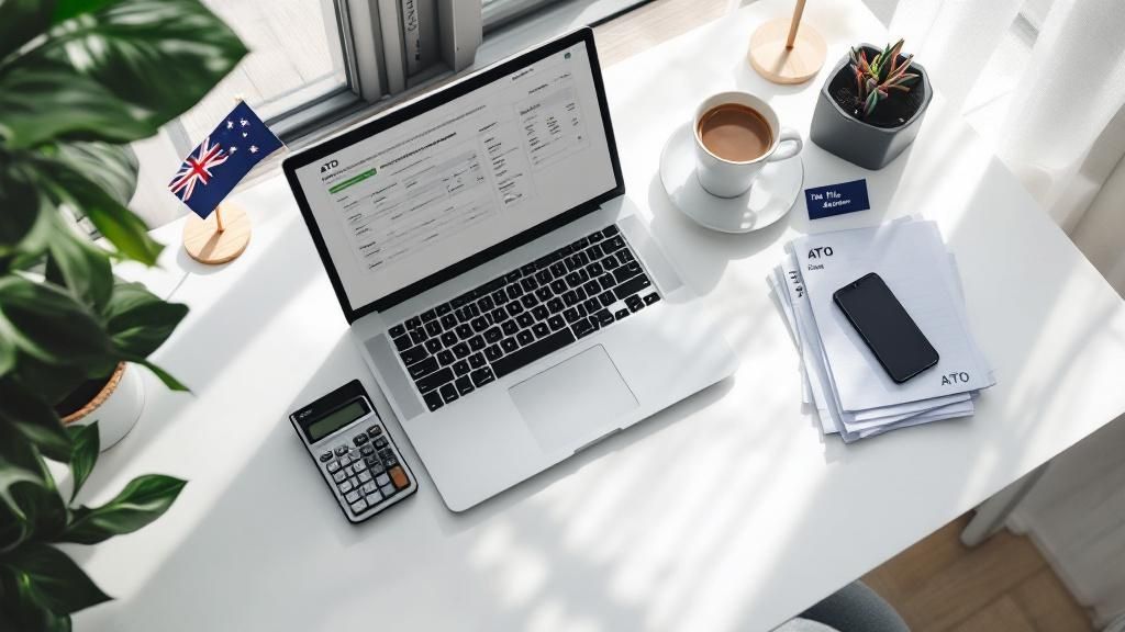 Top-down view of a workspace with a laptop, smartphone, notebook, and coffee on a white table