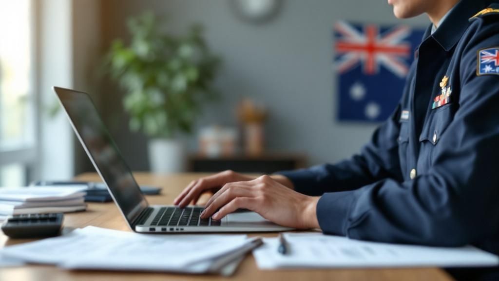 A person in military uniform working on a laptop with an Australian flag in the background