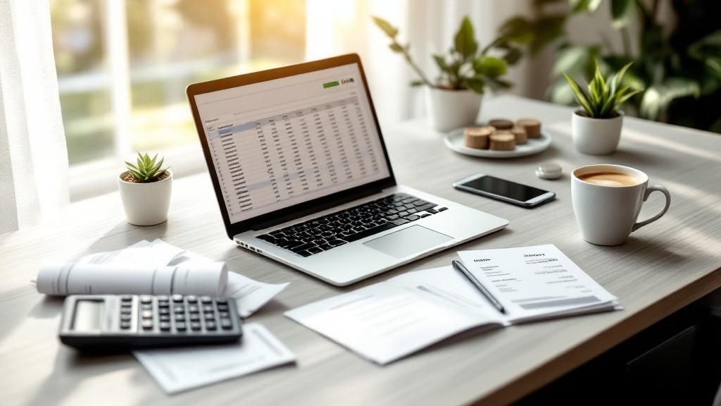 Home office desk setup with laptop, calculator, documents and coffee cup, symbolizing work from home tax deductions