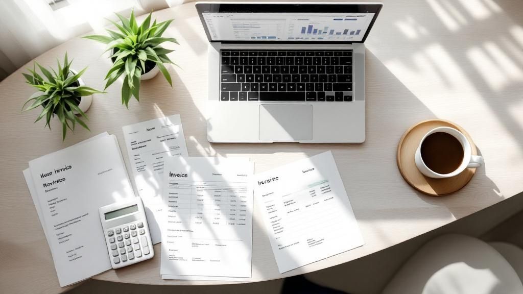 Tax documents, calculator, coffee cup, and laptop on a desk with natural light — self-employed tax preparation setup