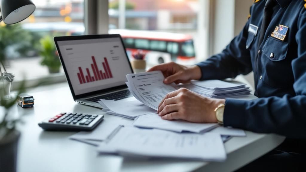 Person reviewing tax documents with a calculator and laptop, preparing for Australian tax return