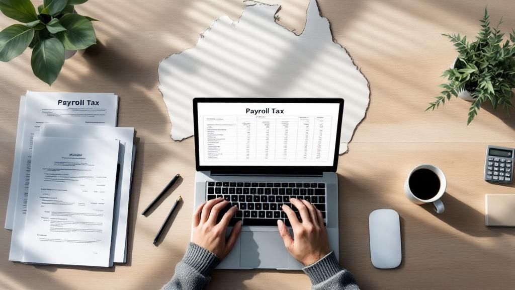 Overhead view of a workspace with a "Payroll Tax" report on a clipboard, laptop, coffee cup, and office supplies — representing payroll tax management in Australia.