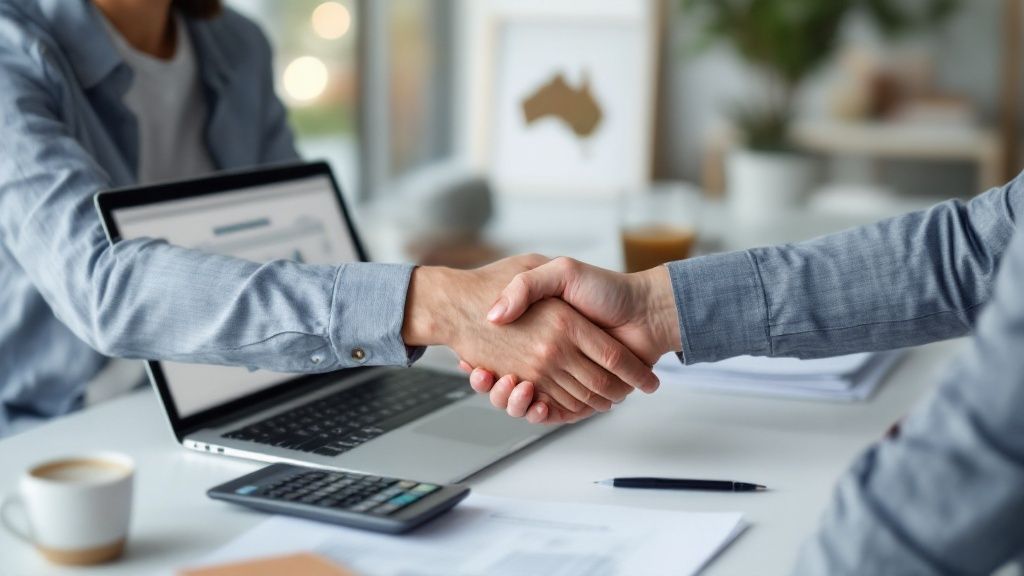 Two business professionals shaking hands over a laptop in an office setting