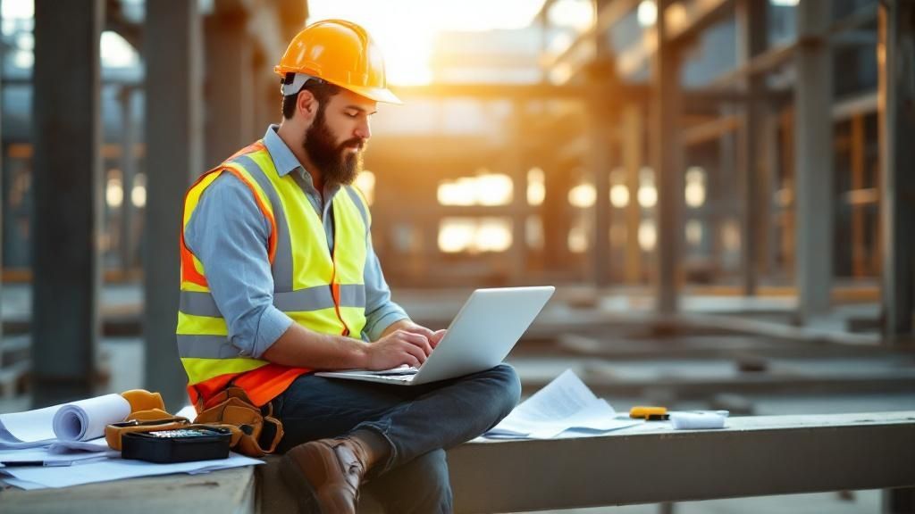 Construction worker in safety vest using a laptop on-site with building framework in the background