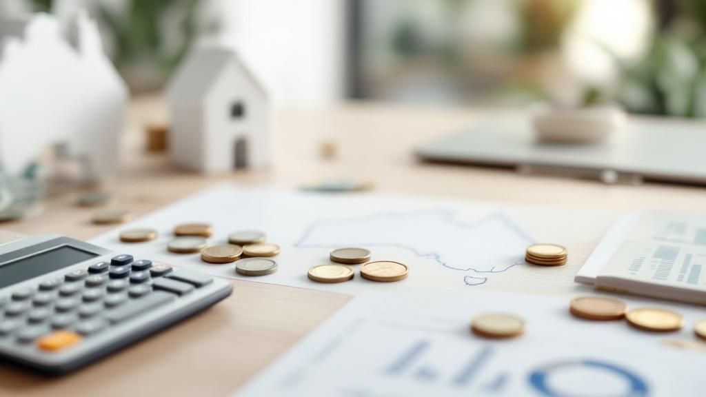 Close-up of a calculator, tax documents, and coins on a desk, with a small house model in the background, representing property tax calculations.