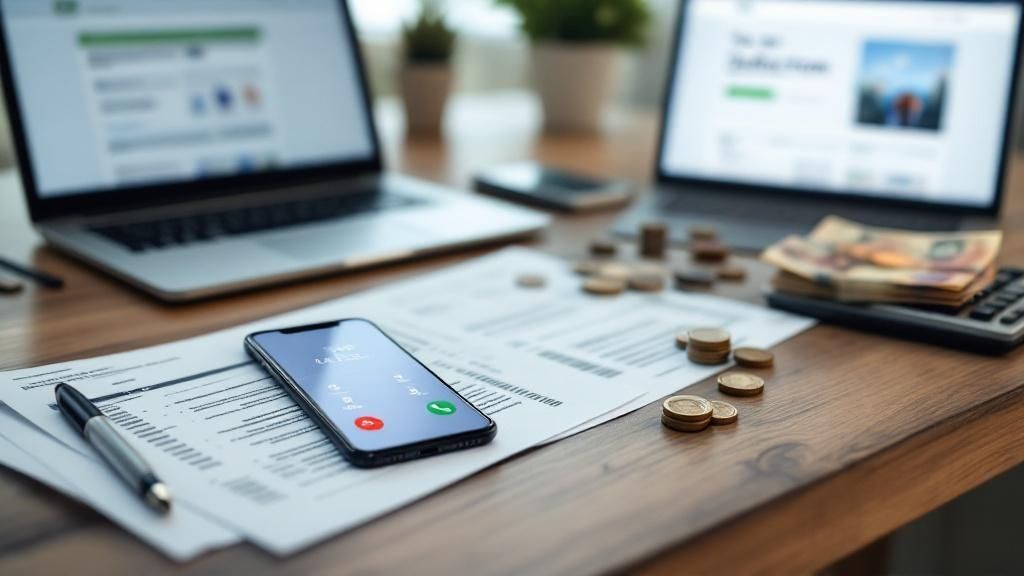 Smartphone on financial documents and laptop, representing mobile phone tax deduction planning