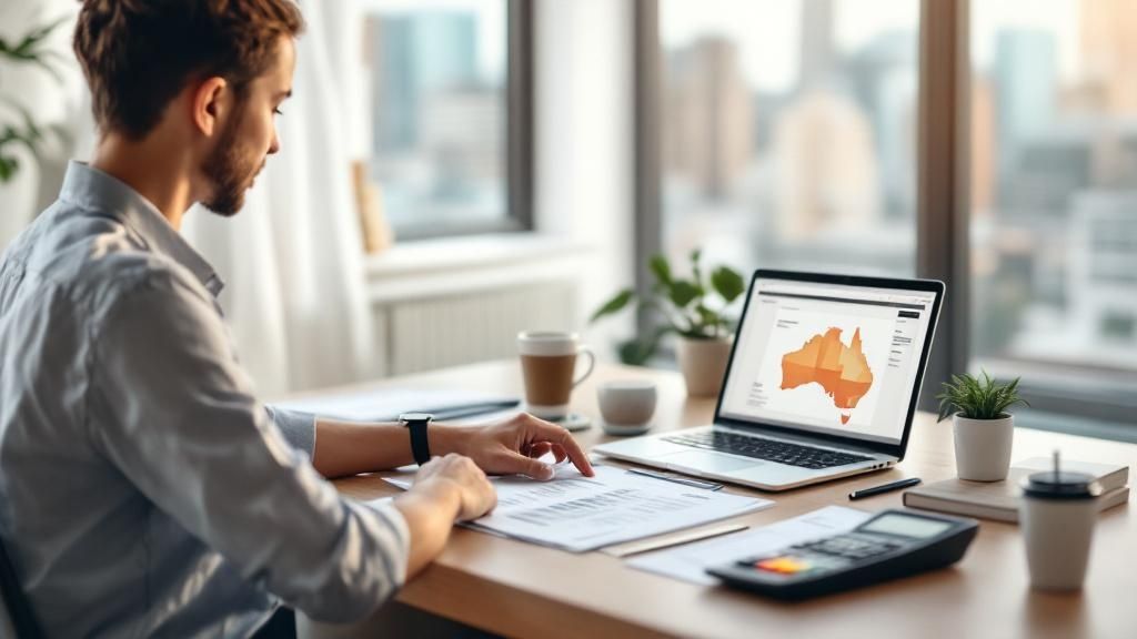Man working on a laptop with a map of Australia on the screen, representing travel industry work in Australia.