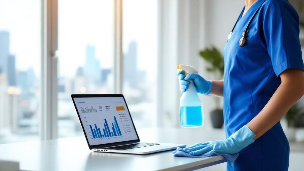 Person in cleaning uniform holding spray bottle near laptop displaying business analytics chart