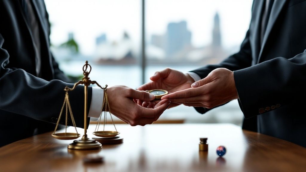 Two people shaking hands over legal documents with justice scales on a table