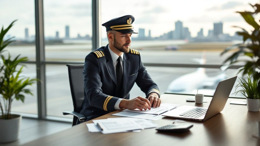 Male pilot in uniform working on a laptop in a modern office setting