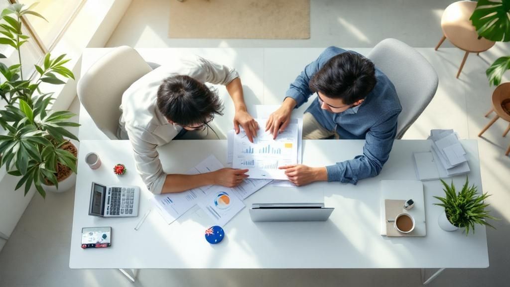 Two professionals collaborating on financial documents with laptops and charts on the table