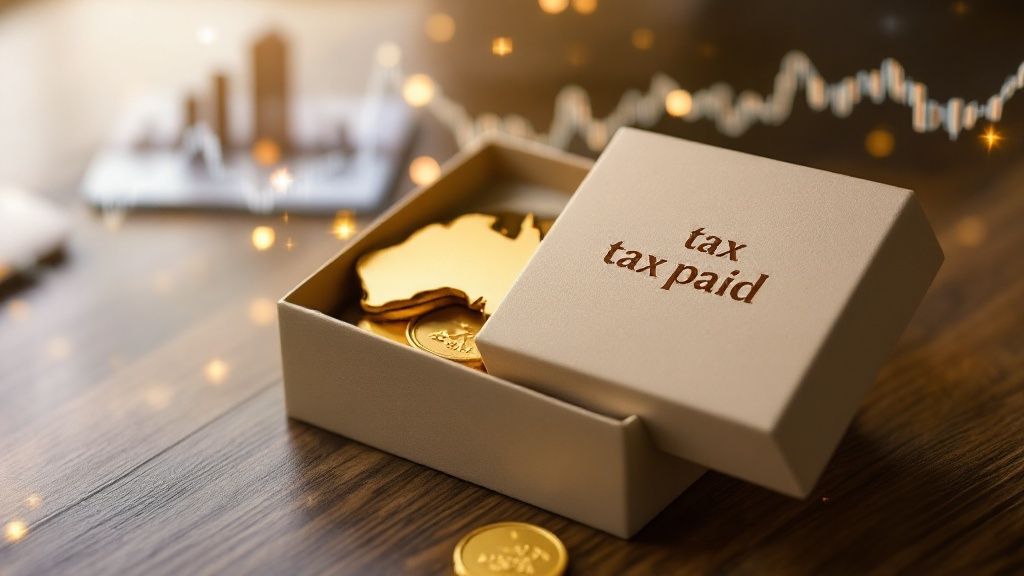 A gift box labeled "tax franked" placed beside gold coins and festive lights.
