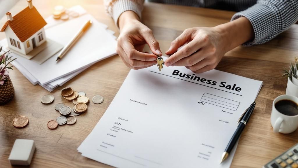 Hands signing a business sale agreement at a desk with model house, calculator, and coins