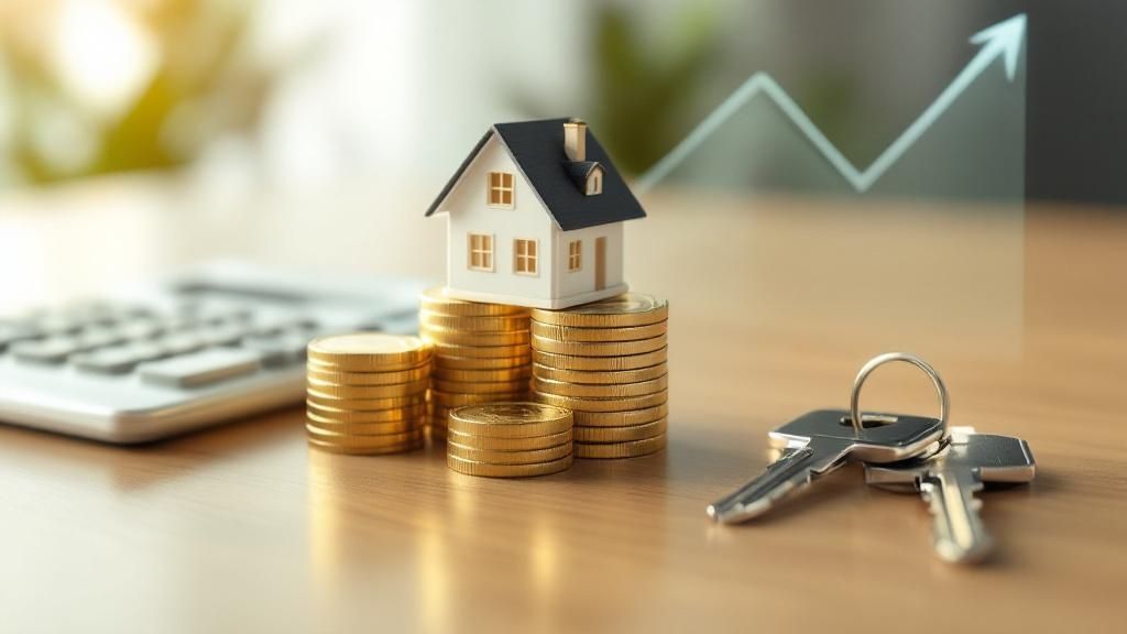 A small model house placed on stacked gold coins next to house keys and a calculator, symbolising real estate investment, property value growth, and financial planning.